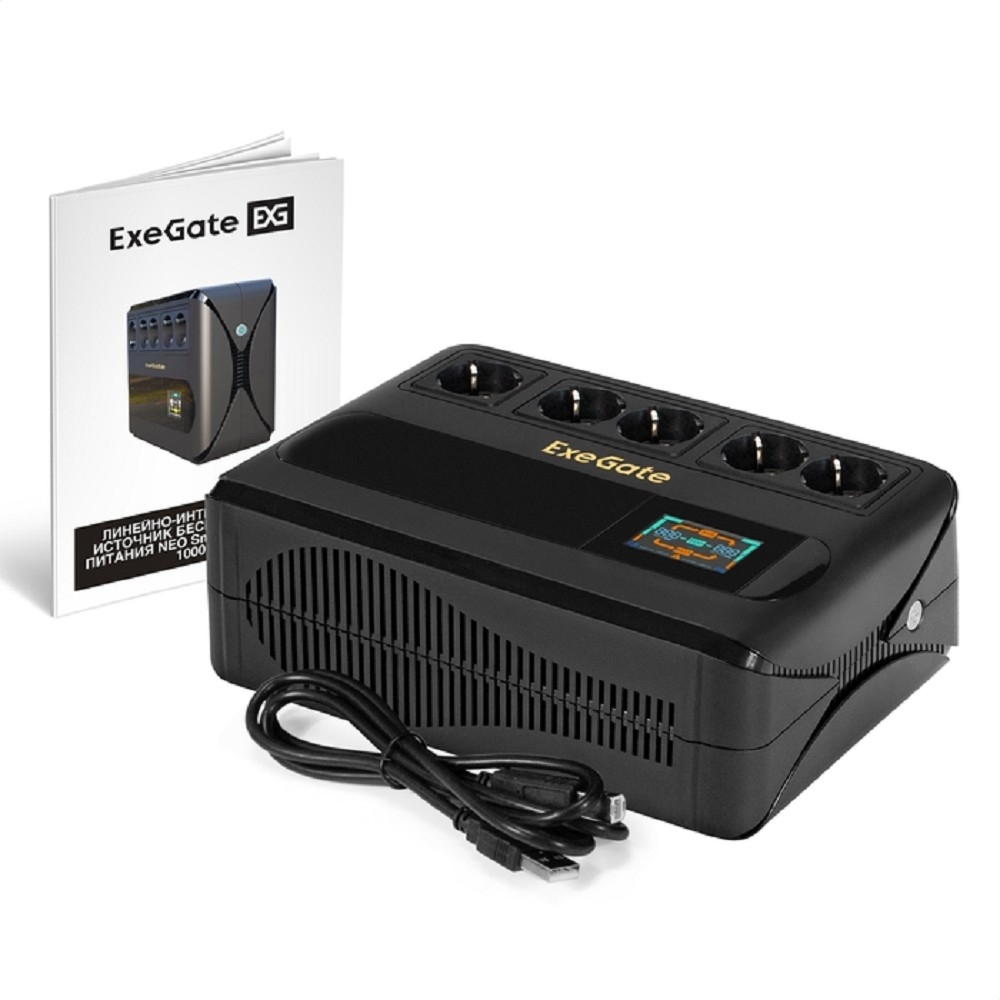 Exegate EX298095RUS ИБП ExeGate NEO Smart BU-1000.LCD.AVR.5SH.RJ.USB <1000VA/500W, цветной LCD-дисплей, AVR, 5*Schuko, RJ45/11, USB, Black>