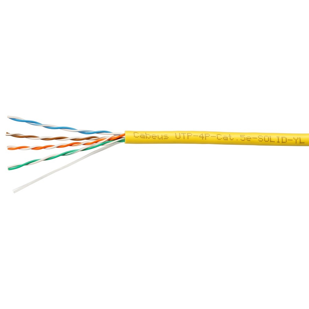 UTP-4P-Cat.5e-SOLID-YL-100 Кабель витая пара Cabeus UTP 4 пар. кат. 5е одножильный D 05 AWG24 PVC нг(А)-LS 1м (коробка 100м) внутренний цвет: жёлтый