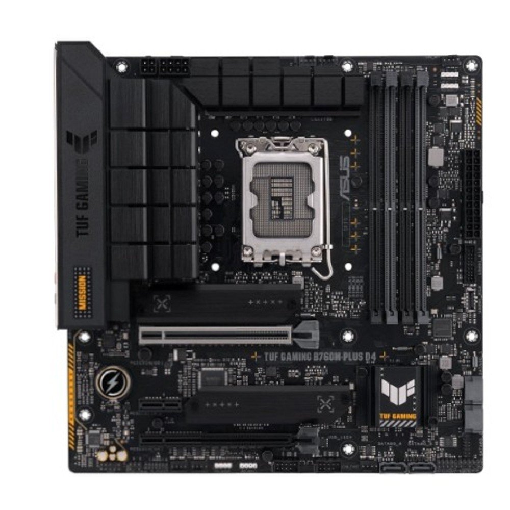 Материнская плата ASUS TUF GAMING B760M-PLUS D4, LGA1700, Intel B760, 4xDDR4, 4xSATA, 2xM.2, 1xPCIe 5.0 x16, 1xPCIe 4.0 x4, 1xPCIe 4.0 x1, 1xDP, 1xHDMI, 1x2.5Gb LAN, Wi-Fi, Bluetooth, 1xUSB-C 20Gbps, 4xUSB-A 10Gbps, 1xUSB-A 5Gbps, 2xUSB-A 2.0, 5x3.5 мм, 7.1, mATX