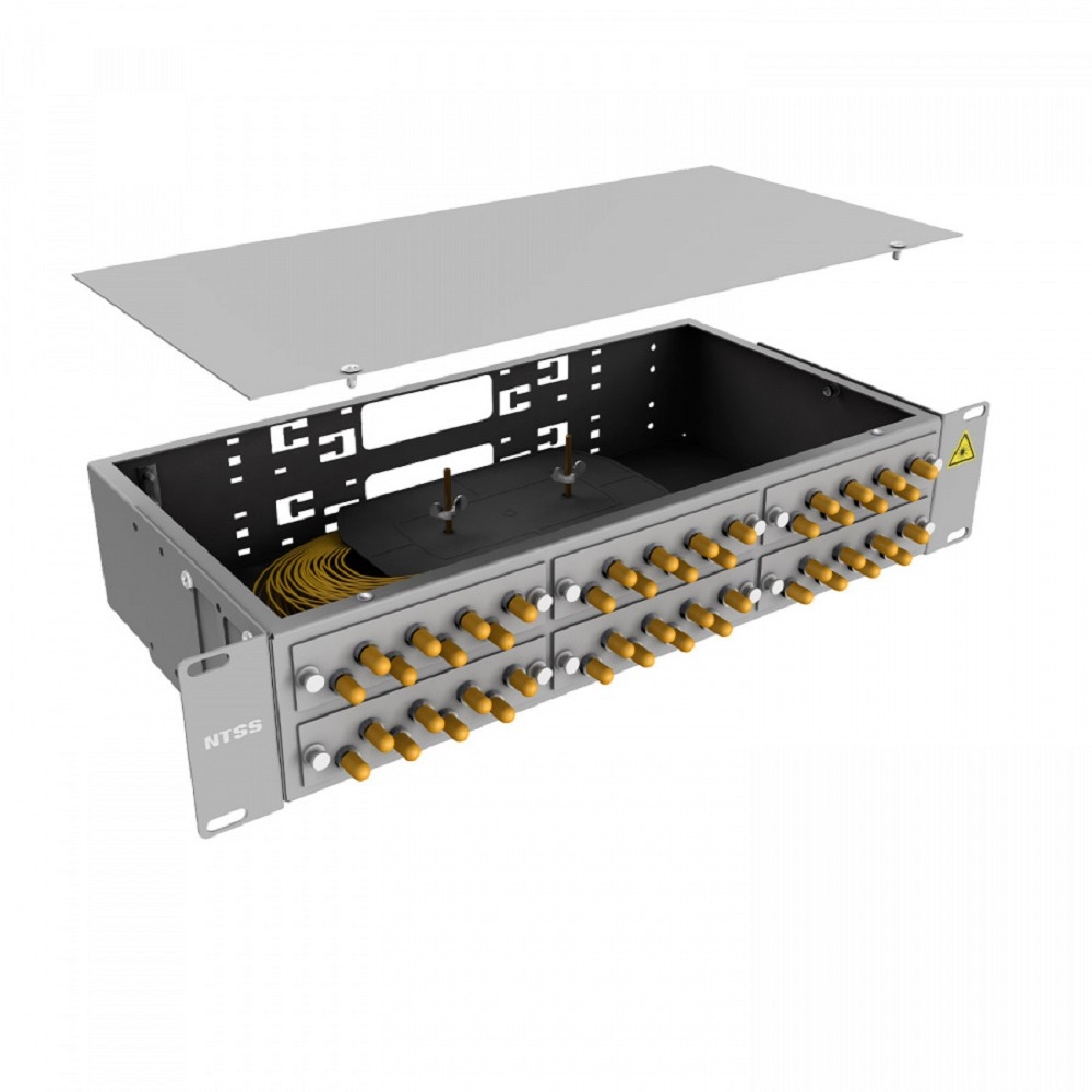 NTSS Кросс 19" NTSS PREMIUM, предсобранный 2U, 48 портов ST/UPC, 9/125 мкм, (розетки, сплайс 2шт, КДЗС, пигтейлы) NTSS-RFOB-PM-2U-48-ST/U-9-SP1.5G2A
