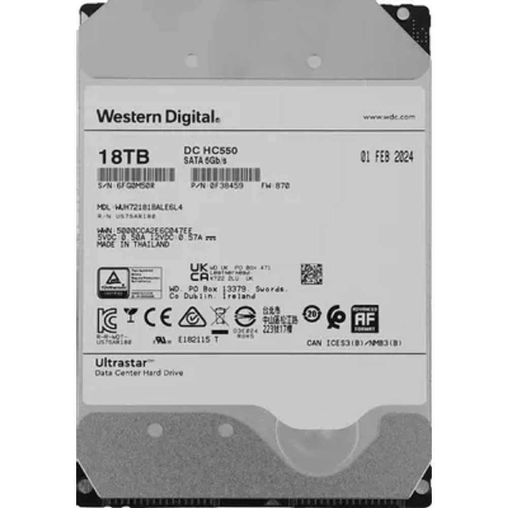 18Tb WD Ultrastar DC HC550 {SATA 6Gb/s, 7200 rpm, 512mb buffer, 3.5"} [0F38459/0F38467/WUH721818ALE6L4]