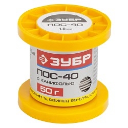 Зубр <55451-050-10C> Припой ЗУБР, ПОС 40, трубка с канифолью,  50г,  1мм