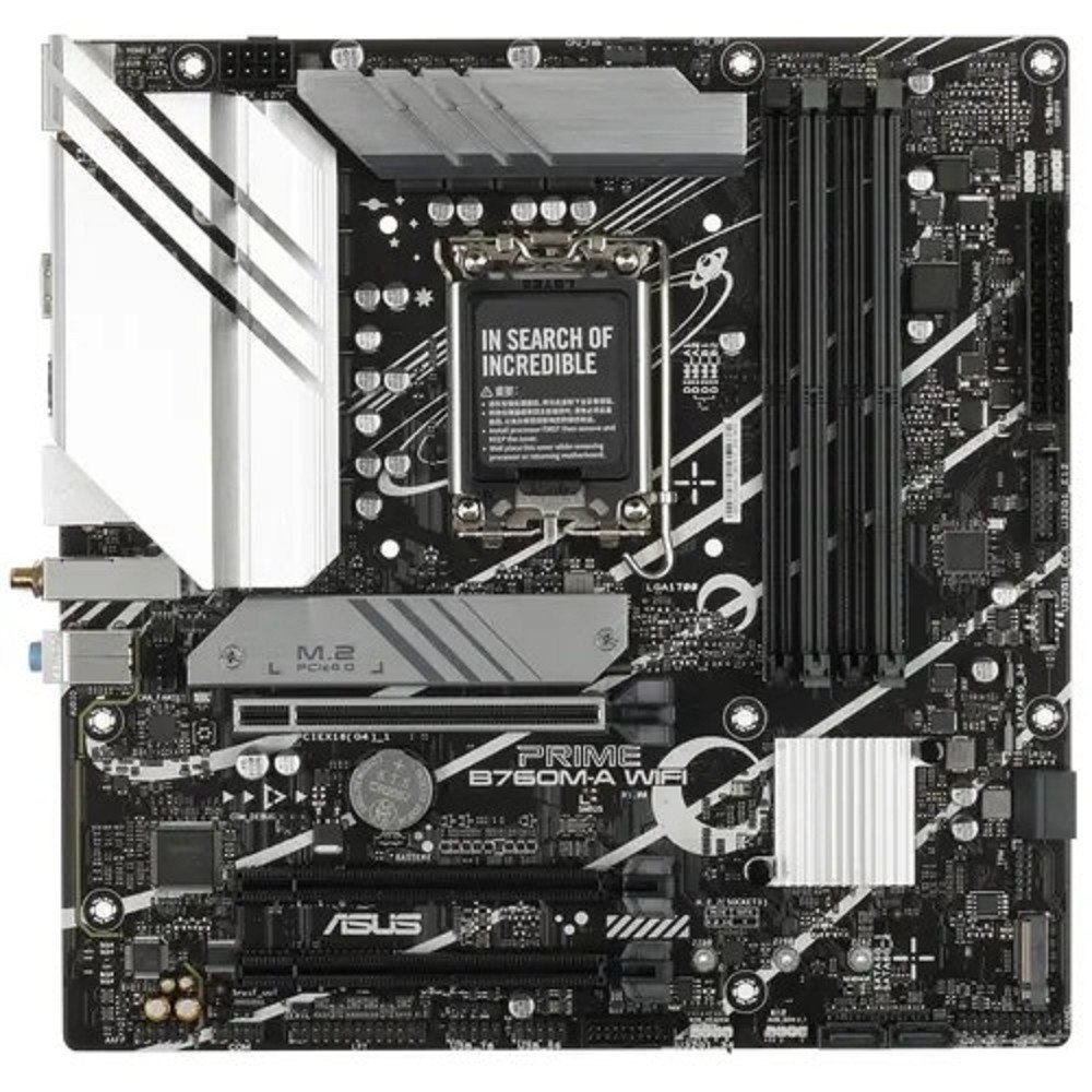 ASUS PRIME B760M-A WIFI (Socket 1700, mATX, 4xDDR5(128GB), 2xHDMI 2.1/DP, 3xPCIe 4.0x16, 1xLAN (2.5GbE), Wi-Fi, BT, 4xSATA 6Gb/s, 2xM.2, 2xUSB 3.2, 4xUSB 2.0, 1xPS/2)(90MB1EL0-M1EAY0)