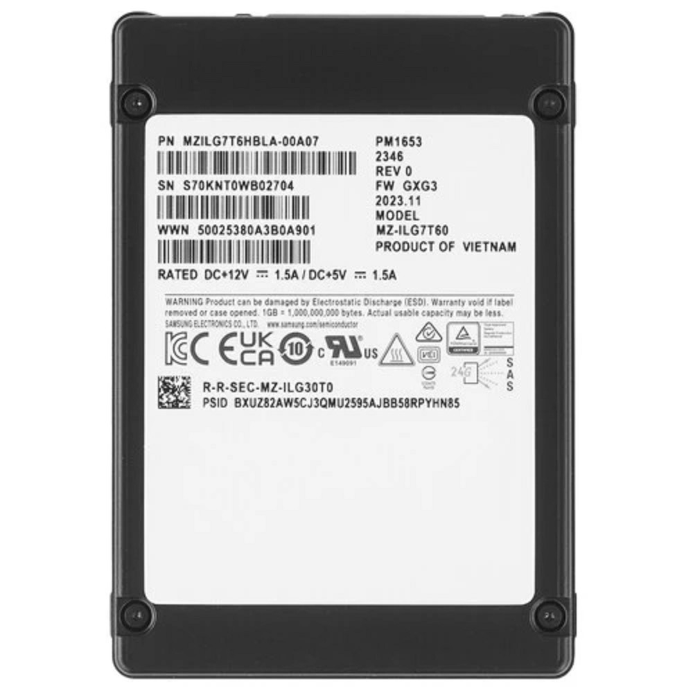 Твердотельный накопитель Samsung Enterprise SSD, 2.5"(SFF) 15mm, PM1653, 7680GB (7.68TB), SAS 24Gb/s, R4200/W3700Mb/s, IOPS(R4K) 770K/135K, MTBF 2M, 1DWPD/5Y, TBW 14016TB, OEM (repl. MZILT7T6HALA-00007)