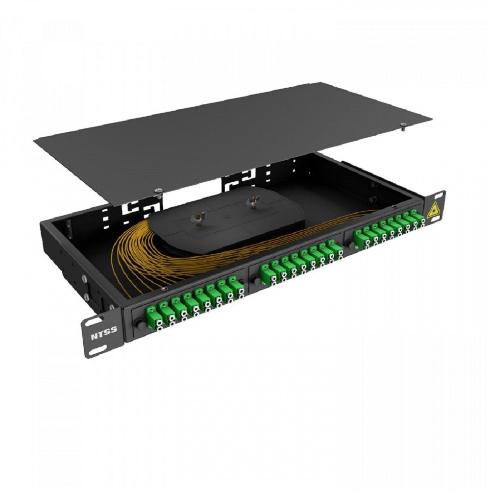 NTSS Кросс 19" NTSS PREMIUM, предсобранный 1U, 24 порта LC/APC duplex, 9/125 мкм, (розетки, сплайс 2шт, КДЗС, пигтейлы), черный, RAL9005 NTSS-RFOB-PM-1U-24-2LC/A-9-SP1.5G1A-BL
