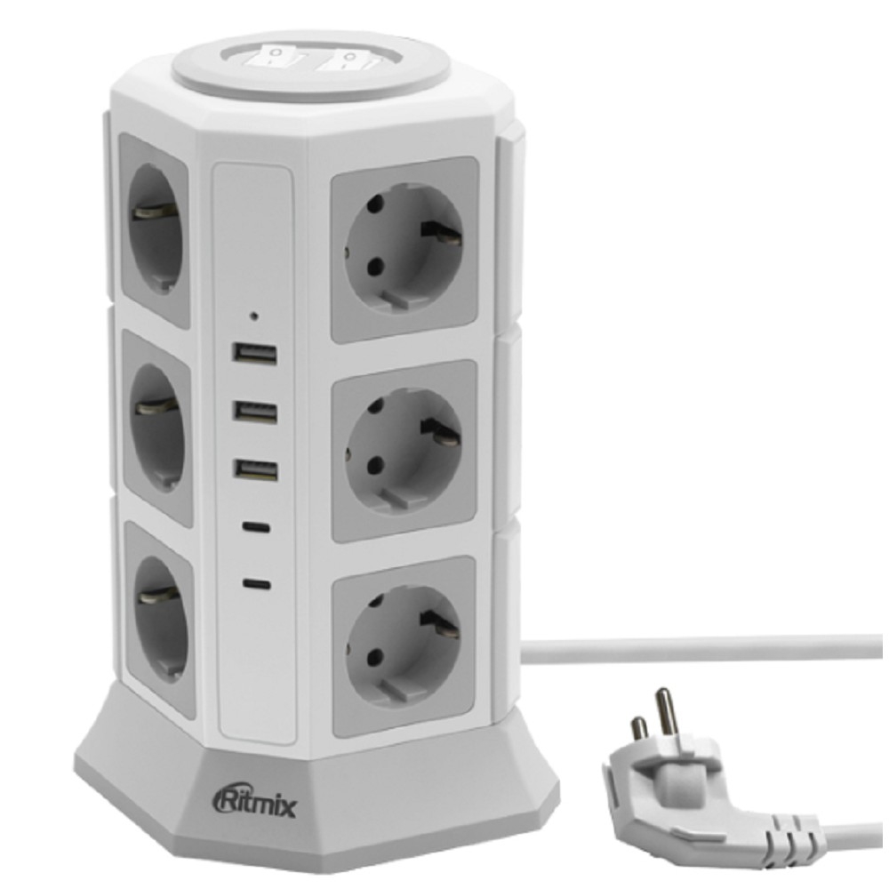 RITMIX RM-2123C White Сетевой фильтр с кнопкой питания {16А, 12 розеток, 2 USB Type-C,3 USB А (5 В, 2,4 А), 2 м } {80003366}