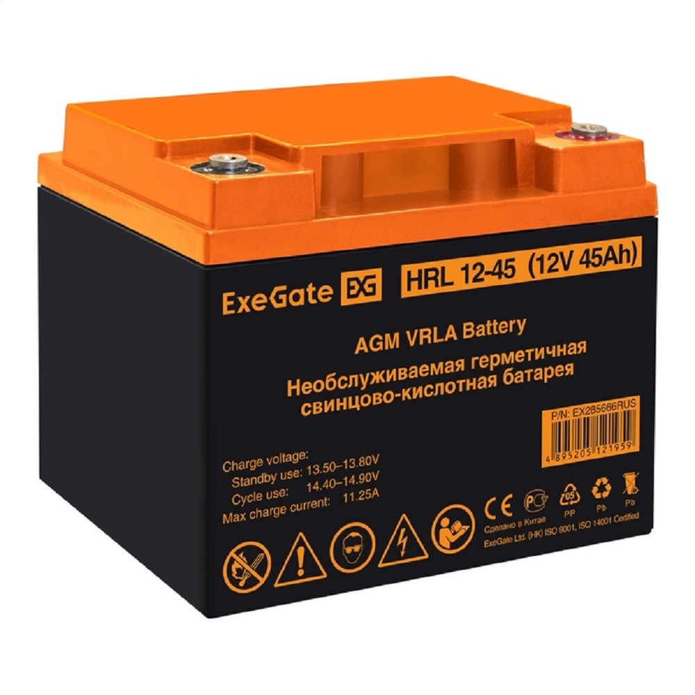 Exegate EX285666RUS Аккумуляторная батарея ExeGate HRL 12-45 (12V 45Ah, под болт М6)