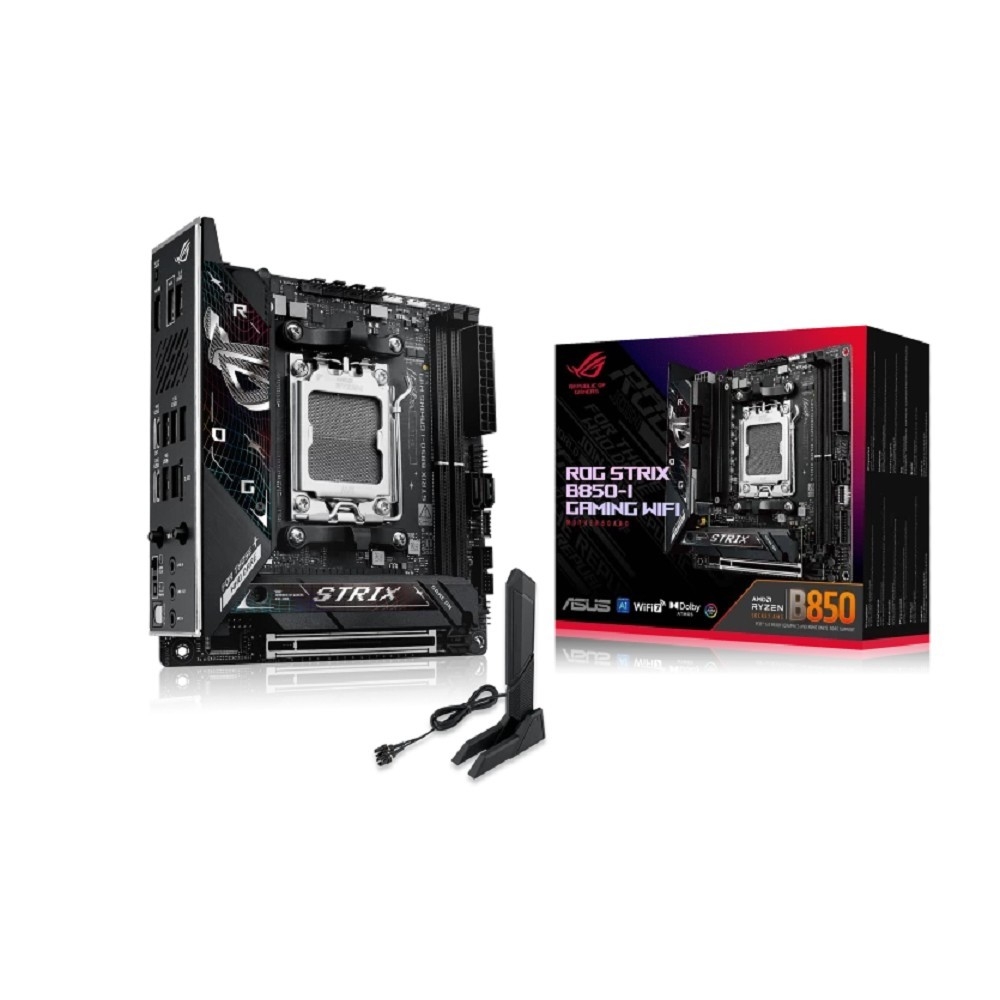 Материнская плата Asus - ROG STRIX B850-I GAMING WIFI, mITX, AMD B850, 1xAM5, 2xDDR5 до 128ГБ, 1x2.5GbE, audio, Wi-Fi, Bluetooth, HDMI, 2xUSB2.0, 5xUSB3.2, 1xUSB3.2 Type C, ROG STRIX B850-I GAMING WIFI