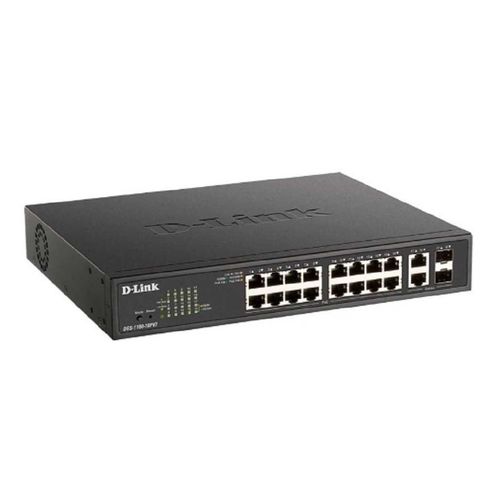 D-Link DGS-1100-18PV2/A3A Настраиваемый L2 коммутатор с 16 портами 10/100/1000Base-T и 2 комбо-портами 1000Base-T/SFP (16 портов PoE 802.3af/at, PoE-бюджет 130 Вт)