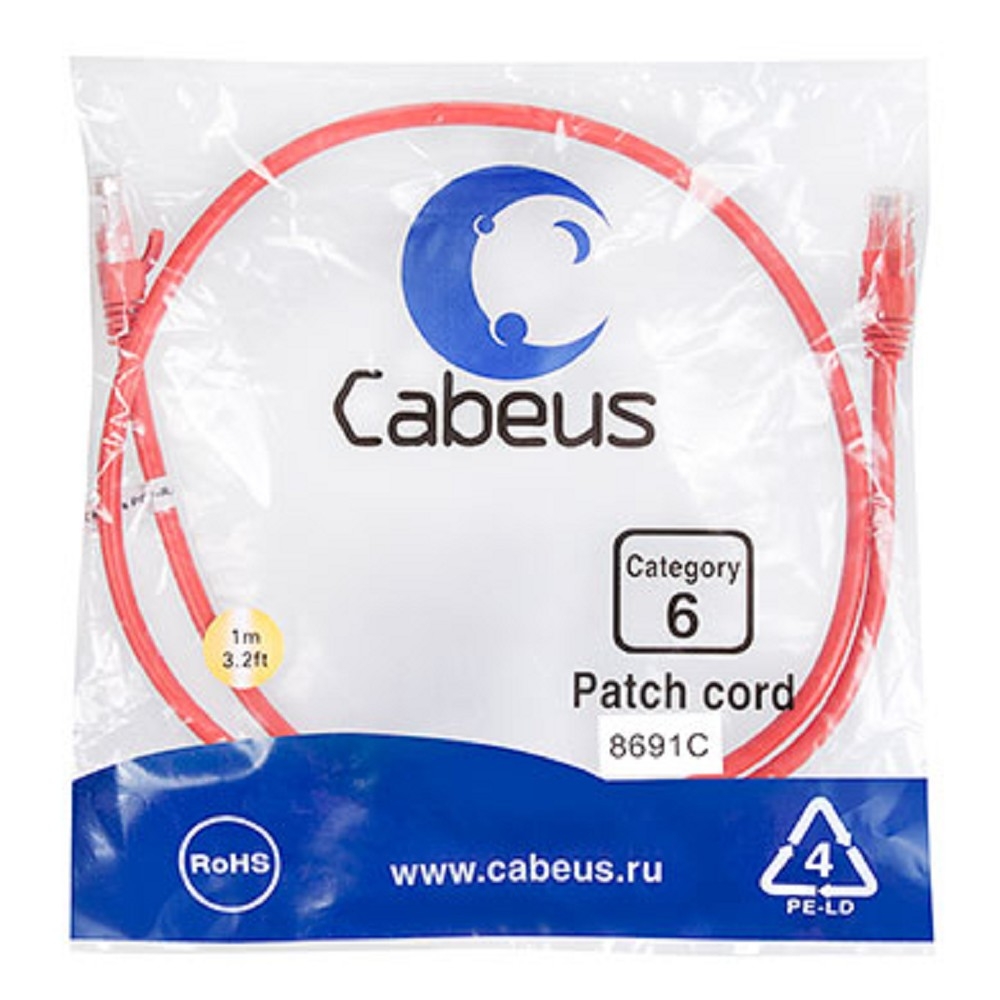 PC-UTP-RJ45-Cat.6-1m-RD Шнур коммутационный Cabeus кат. 6 неэкр. U/UTP RJ45/RJ45 250 МГц d 62 1м PVC AWG24 красный