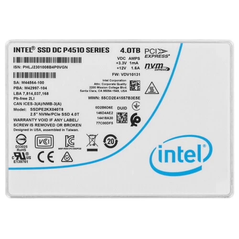 Твердотельный диск 4TB Intel DC P4510 Series, 2.5" 15mm, U.2, NVMe,PCIe 3.1 x4,[R/W - 3000/2900 MB/s], TBW 6300, DWPD 1