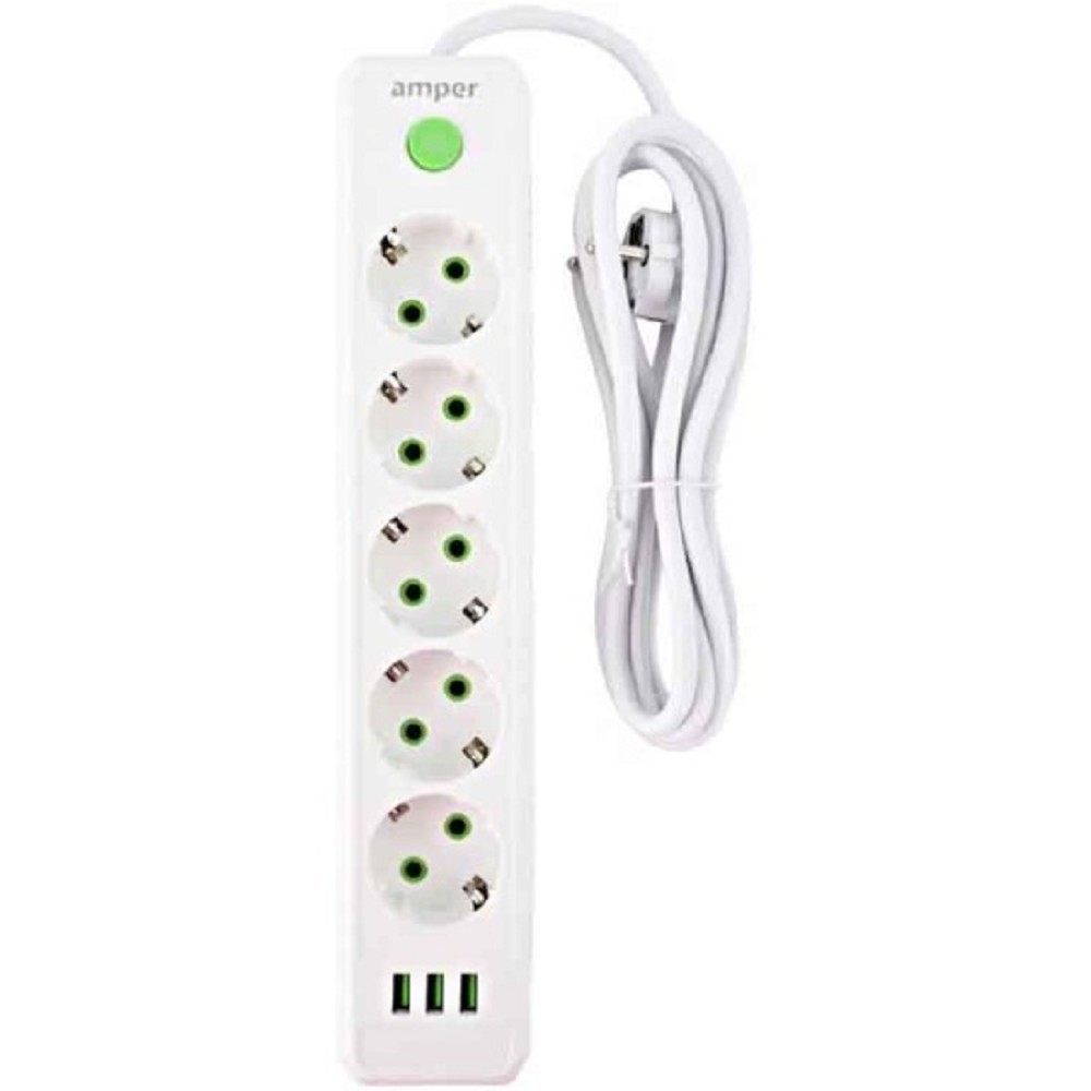 Amper сетевой удлинитель, 4,0м, 5 розеток, 10А, 2500 Вт, 3usb, белый. [JH-1033U-4W]