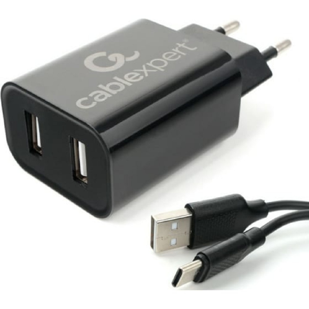 Адаптер (сетевое ЗУ) 220В-> вых.2хUSB 2.4A Cablexpert, + кабель Type-C 1м, [MP3A-PC-37] черный