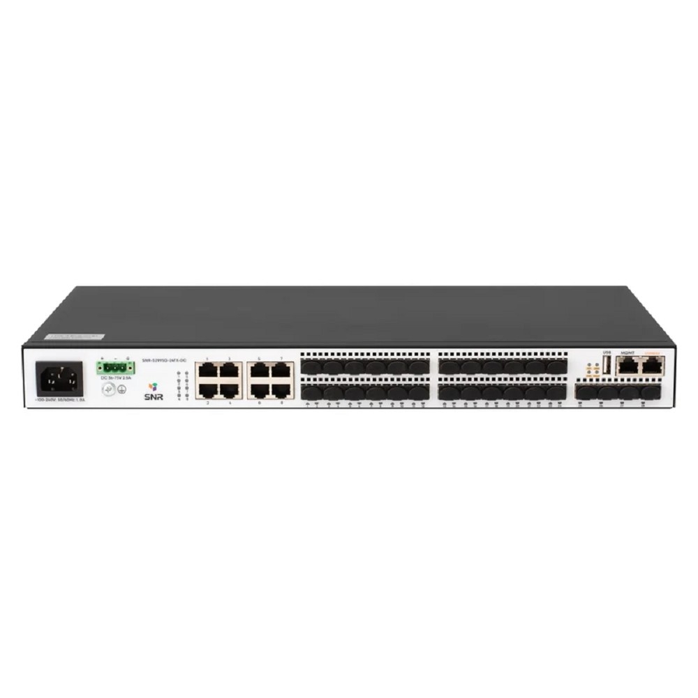 SNR SNR-S2995G-24FX-DC Управляемый коммутатор уровня 3, 16 портов 100/1000Base-X SFP, 8 портов Combo 10/100/1000Base-T|100/1000Base-X SFP, 4 порта 1/10G SFP+, VSF HA, встроенный БП ~220V AC