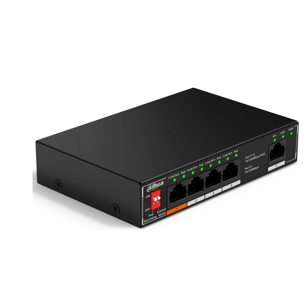 DAHUA DH-SF1005P 5-портовый неуправляемый коммутатор с РоЕ, 4xRJ45 100Mb PoE, 1xRJ45 100Mb uplink, суммарно 60Вт, коммутация 1.8 Гбит/с, MAC-таблица 2K, металл