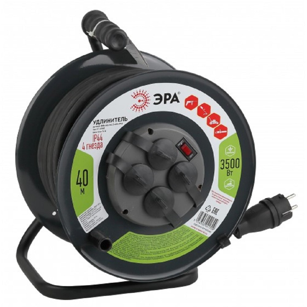 Удлинитель силовой ЭРА RMx-4es-3x2.5-40m-IP44(KG) на метал. катушке с/з 4 гнезда 40 м КГ 3х2.5