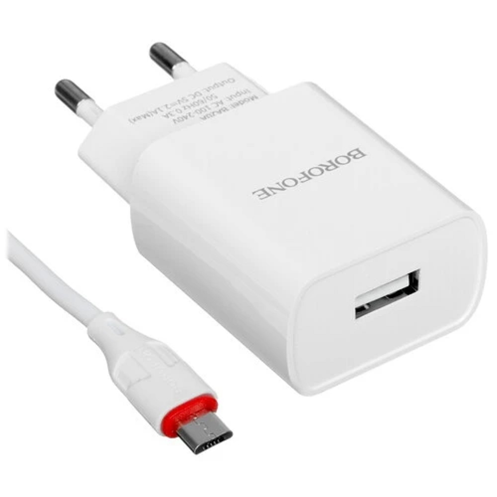 Сетевое зарядное устройство BOROFONE BA20A/Сетевое ЗУ + Кабель Micro 1m/1 USB/Выход: 10.5W/White