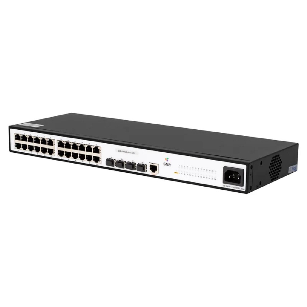 SNR SNR-S2982G-24TE-UPS Управляемый коммутатор уровня 2, 24 порта 10/100/1000Base-T и 4 порта 100/1000Base-X (SFP), встроенный БП ~220V AC, разъем для АКБ 12V с возможностью заряда