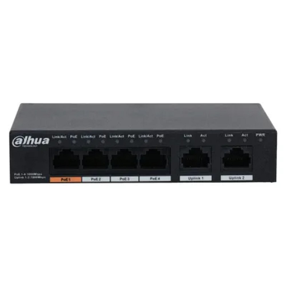 DAHUA DH-PFS3006-4GT-60 6-портовый гигабитный неуправляемый коммутатор с РоЕ, 4xRJ45 1Gb PoE, 2xRJ45 1Gb uplink, суммарно 60Вт, коммутация 14Гбит/с, MAC-таблица 2К, металл