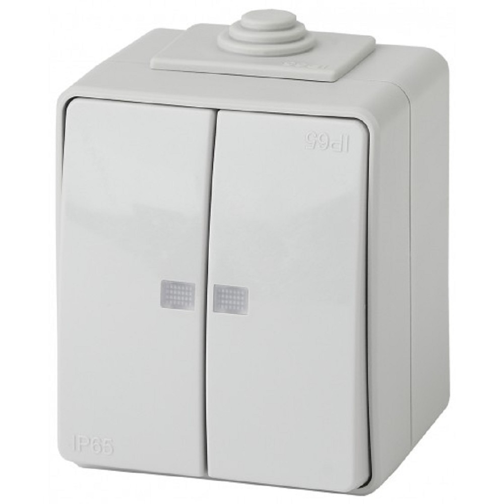 Эра Б0035977 11-1605-03 Выключатель двойной с подсветкой IP65, 10АХ-250В, ОУ, Эра Эксперт, серый