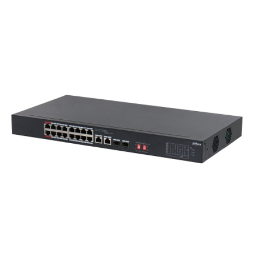DH-S3218-16ET-135 Коммутатор 16-портовый, неуправляемый, с РоЕ. Порты: 16 RJ45 10/100Мбит/с (PoE/PoE+/Hi-PoE), 2 комбинированных SFP/RJ45 10/100/1000Мбит/с (uplink); мощность PoE: порты 1~2 до 60Вт, порты 3~16 до 30Вт, суммарно до 135Вт; питание: 100~240В(AC).