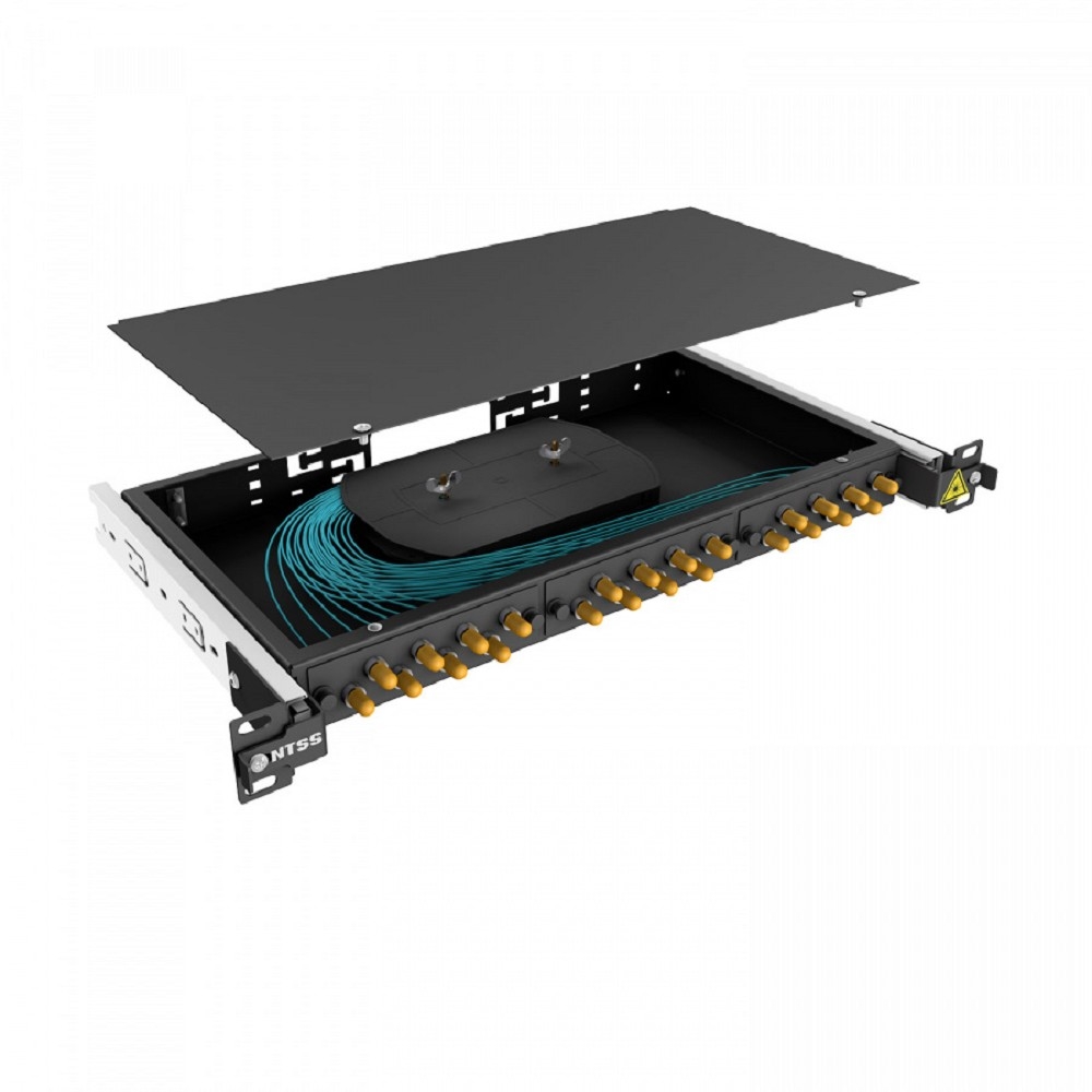 NTSS Кросс 19" NTSS PREMIUM выдвижной, предсобранный 1U, 16 портов ST/UPC, 50/125 мкм ОМ3, (сплайс, пигтейлы, кдзс, планки, адаптеры), черный, RAL9005 NTSS-RsFOB-PM-1U-16-ST/U-503-SP1.5G2A-BL