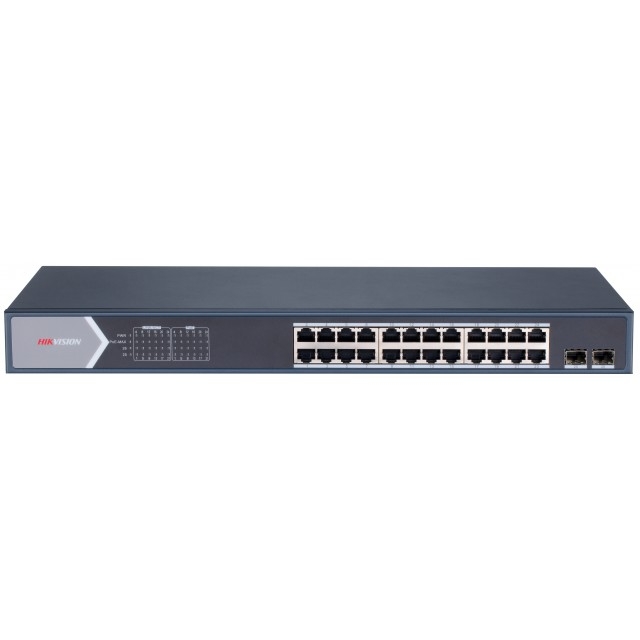 Коммутатор Hikvision L2, смарт-управляемый, 24 1000M RJ45 PoE-порт, 2 Gigabit combo порт, 802.3af/at, бюджет PoE 370W, поддержка режима передачи до 300м, визуализированная топология управления(Hik-Central/iVMS 4205/Hik-ProConnec), контроль статуса сети, уведомление тревог в реальном времени, контроль и обзор видеонаблюдения, PoE watchdog, VLAN, QoS, SNMP, STP/RSTP, Port Mirroring, Storm Control