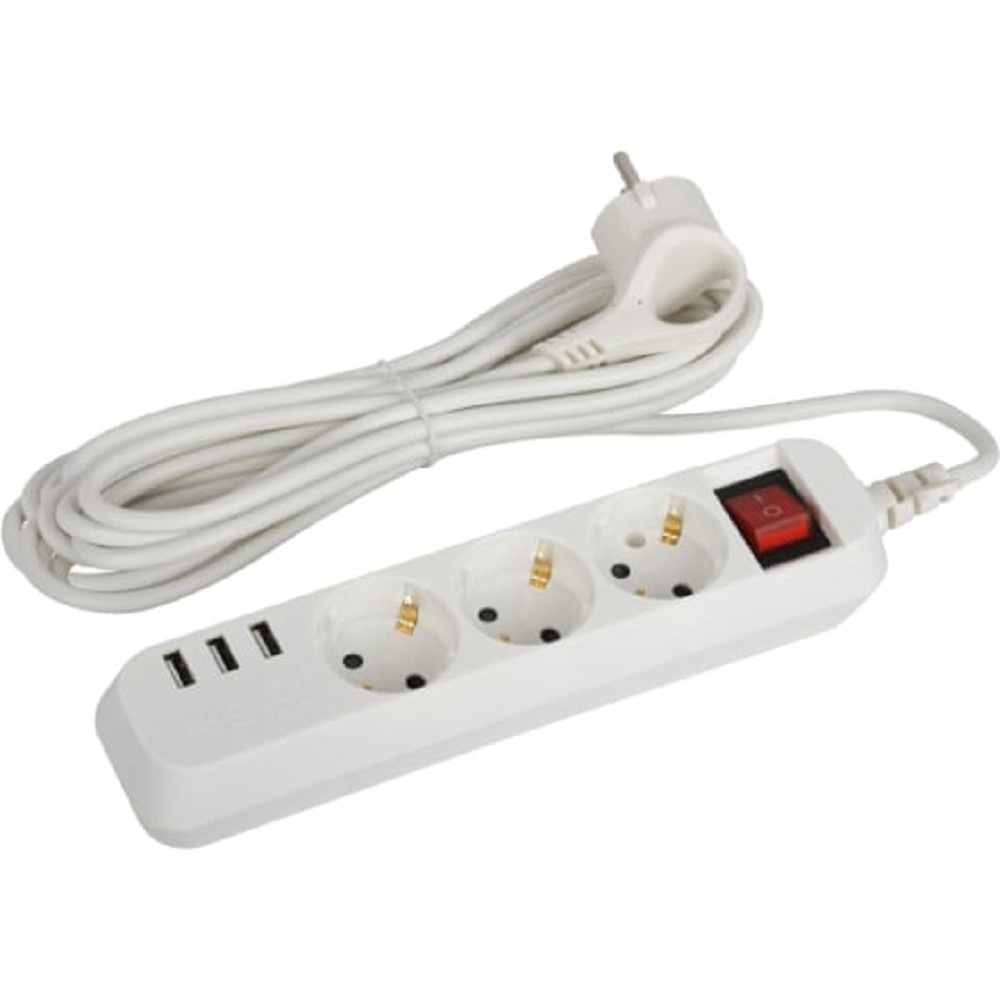ЭРА Б0052902 Удлинитель электрический U-3es-5m-USB c заземлением с выключателем 3 розетки + 3xUSBA 5м 10А