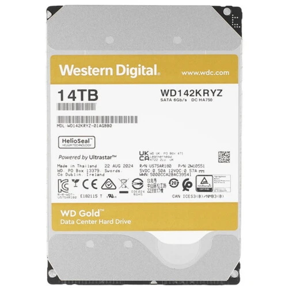 Жесткий диск Western Digital GOLD HDD SATA 14TB, 7200rpm, 512MB buffer, 512e, WD142KRYZ, 1 year