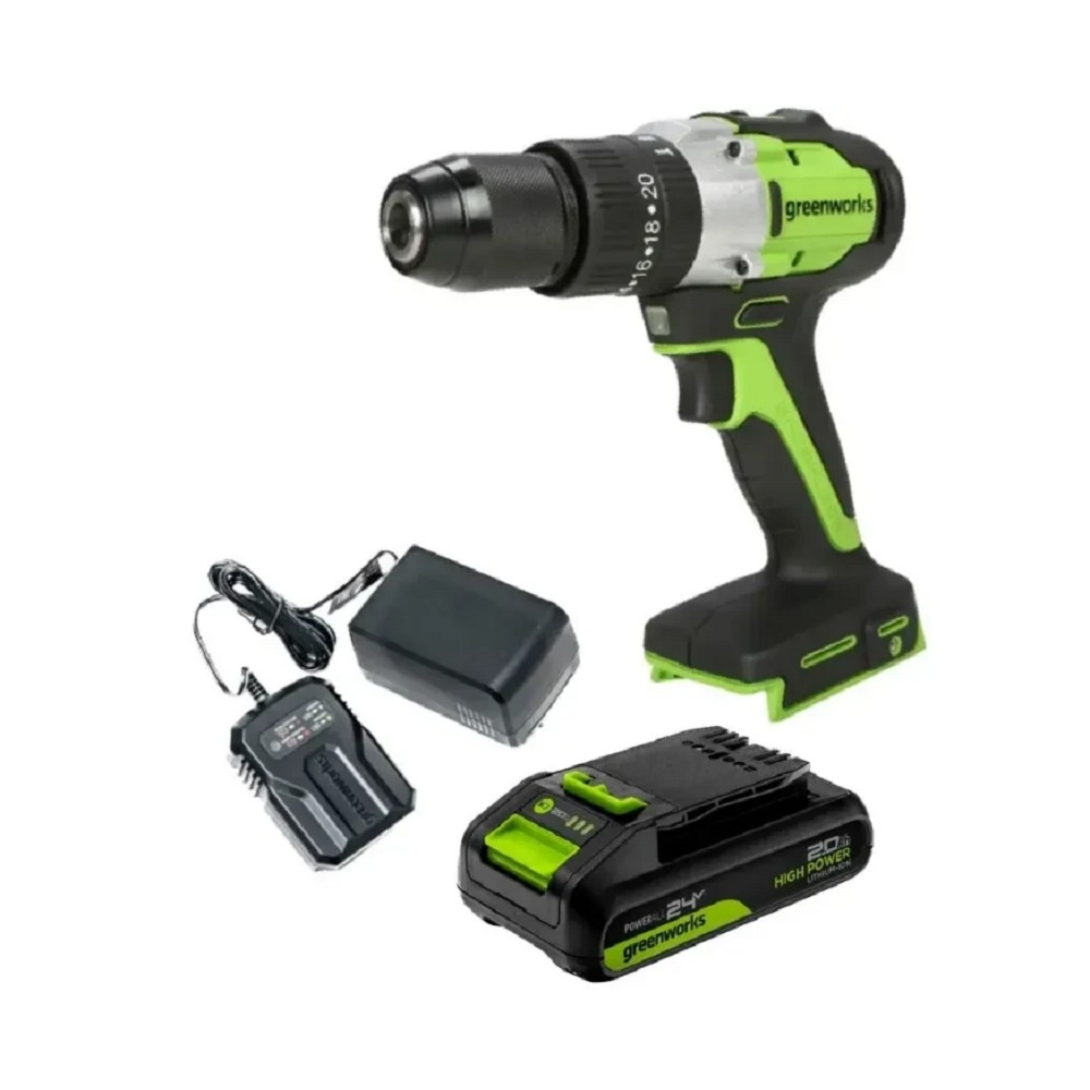 Greenworks GD24DD60 Дрель-шуруповерт ударная аккумуляторная, 24V, бесщеточная, 30/60Нм,1х2Ач,ЗУ,кор [3704107CUA]