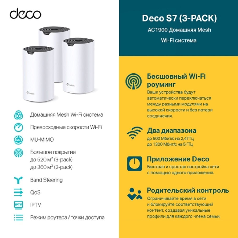 TP-Link Deco S7(3-pack) AC1900 Домашняя Mesh Wi-Fi система