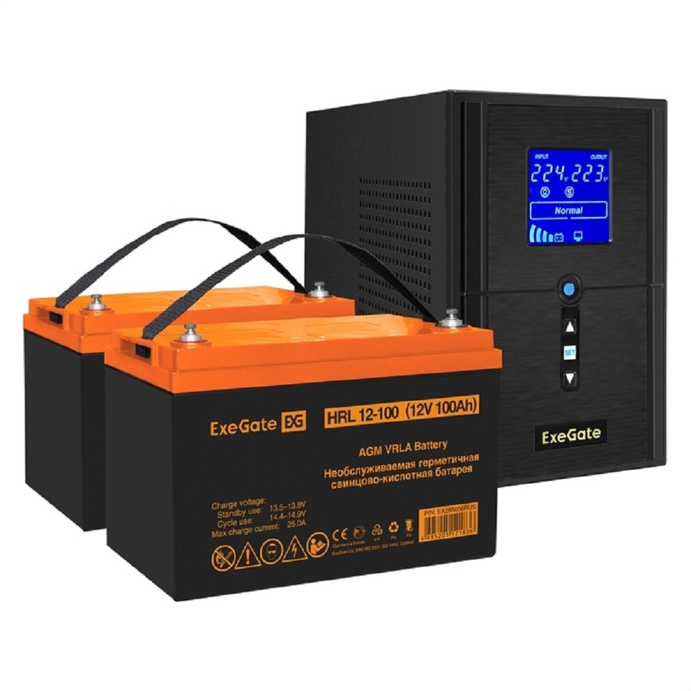 Комплект Источник бесперебойного питания EX295987RUS + батарея 100Aч EX285656RUS 2шт (инвертор, синус, для котла) ExeGate SineTower SZ-1000.LCD.AVR.2SH.1C13.USB 1000VA/800W, чистый синусоида, LCD дисплей, AVR, 2*Schuko+1*C13, USB, линейно-интерактивный, Black + батарея ExeGate HRL 12-100 (12В, 100А·ч) 2шт