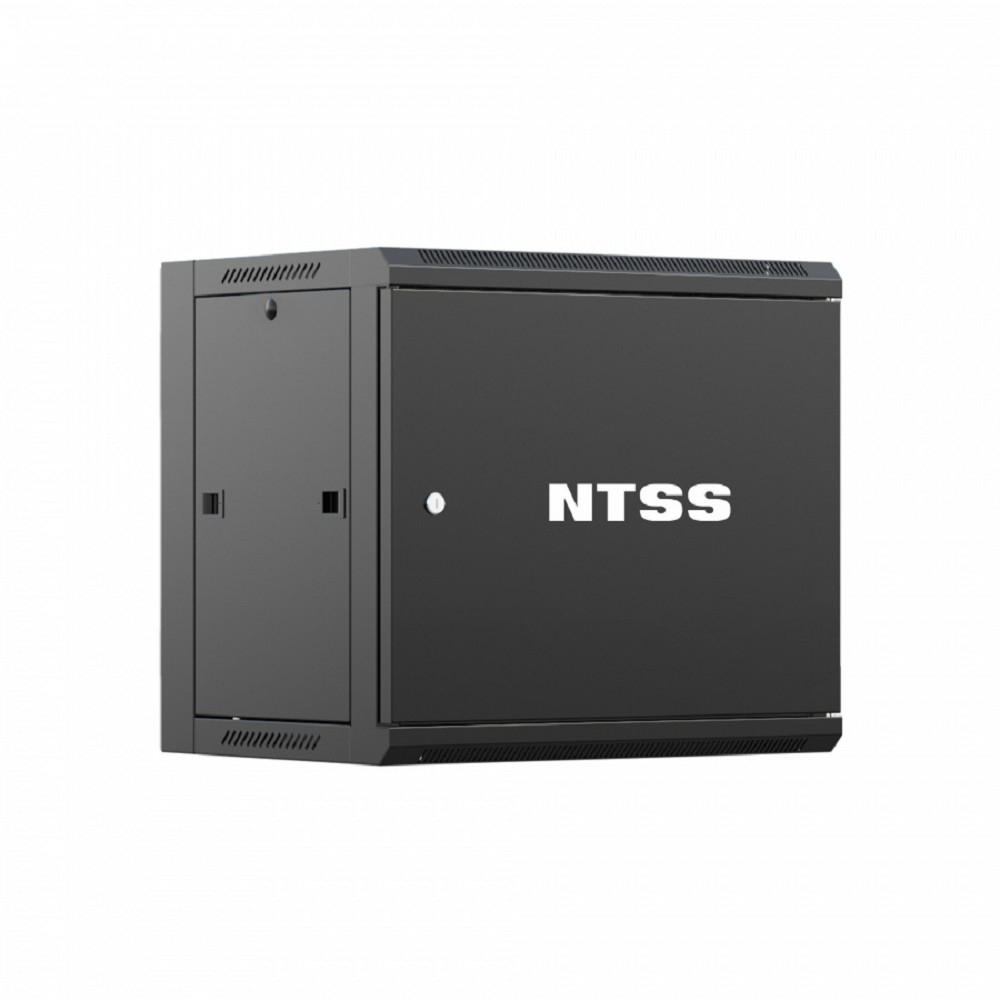 NTSS Шкаф настенный телекоммуникационный NTSS W 12U 600х450х635мм, 2 профиля 19, дверь сплошная металл, боковые стенки съемные, разобранный, черный RAL 9005 NTSS-W12U6045FD-BL