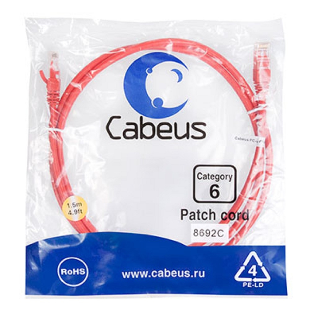 PC-UTP-RJ45-Cat.6-1.5m-RD Шнур коммутационный Cabeus кат. 6 неэкр. U/UTP RJ45/RJ45 250 МГц d 62 1.5м PVC AWG24 красный