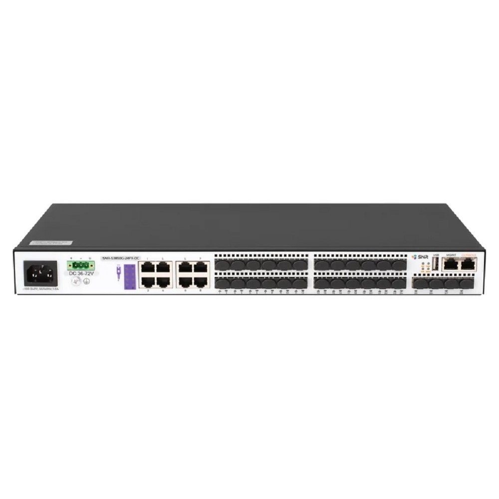 SNR SNR-S3850G-24FX-DC Управляемый коммутатор уровня 3, 16 портов 100/1000Base-X SFP, 8 портов Combo 10/100/1000Base-T|100/1000Base-X SFP, 4 порта 1/10G SFP+, RPS 36-72V DC