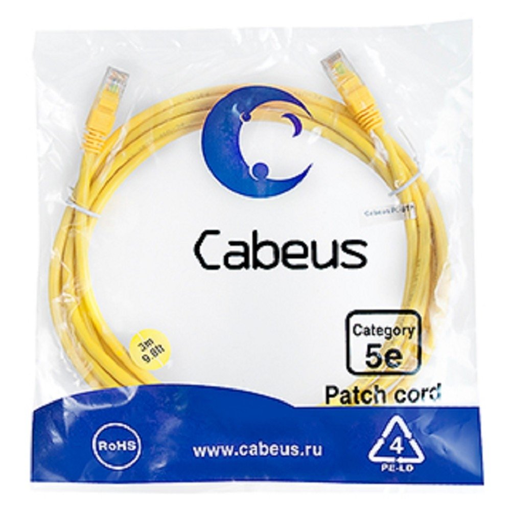 Патч-корд Cabeus PC-UTP-RJ45-Cat.5e-3m-YL Патч-корд U/UTP, категория 5е, 2xRJ45/8p8c, неэкранированный, желтый, PVC, 3м