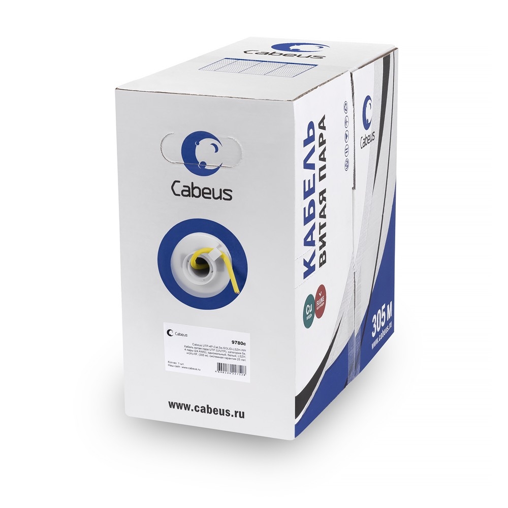 Cabeus UTP-4P-Cat.5e-SOLID-LSZH-YL Кабель витая пара UTP (U/UTP), категория 5e, 4 пары (24 AWG), одножильный, желтый, LSZH, нг(А)-HF, (305 м) 305м