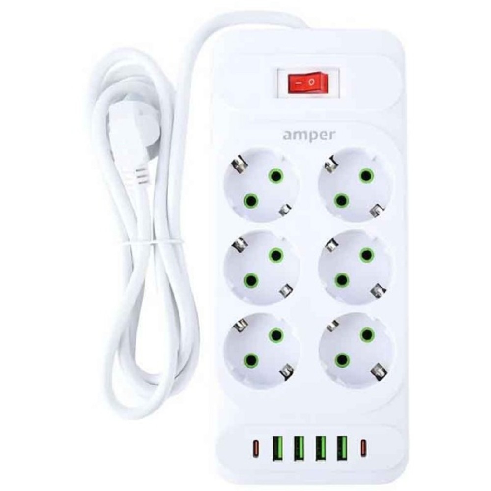 Amper сетевой удлинитель, 4,0м, 6 розеток, 10А, 2500 Вт, 4usb,2Type-C, белый. [JH-1076U-4W]