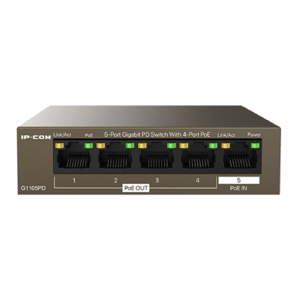 Коммутатор IP-COM G1105PD Коммутатор неуправляемый PoE, 5 портов 5x1 Гбит/с, PoE 4х15,4 Вт (до 30Вт), настольный