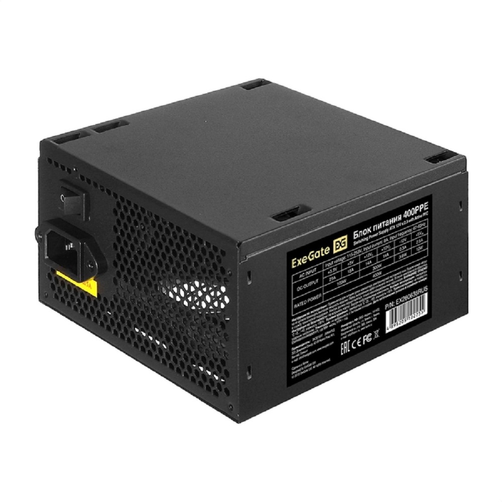 Exegate EX260638RUS-PC Блок питания 400W ExeGate 400PPE (ATX, APFC, PC, КПД 80% (80 PLUS), 12cm fan, 24pin, (4+4)pin, PCIe, 5xSATA, 3xIDE, black, кабель 220V в комплекте)