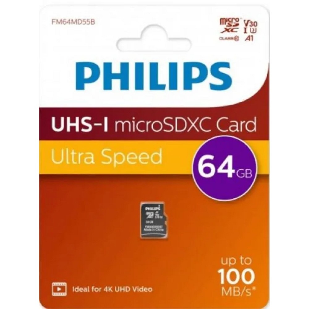 Micro SecureDigital 64GB Philips High Speed microSDHC Class UHS-I U3, V30, A1, 100MB/s