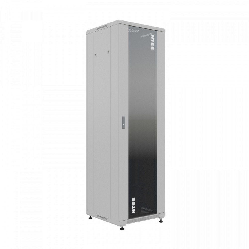 NTSS Шкаф напольный универсальный серверный NTSS R 18U 600х600мм, 4 профиля 19, двери стекло и сплошная металл, боковые стенки съемные, регулируемые опоры, разобранный, серый RAL 7035 NTSS-R18U6060GS-