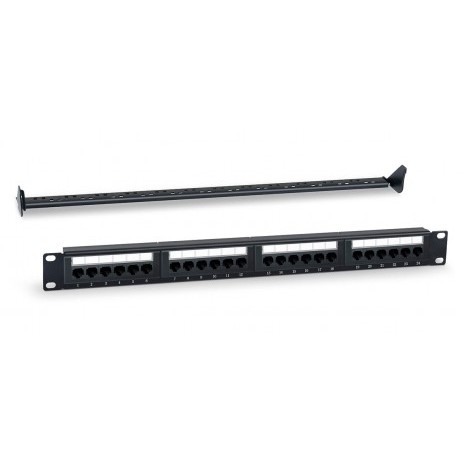 WRline Патч-панель 19" (1U), 24 порта RJ-45, категория 5e, Dual IDC, с задним кабельным организатором, цвет черный
