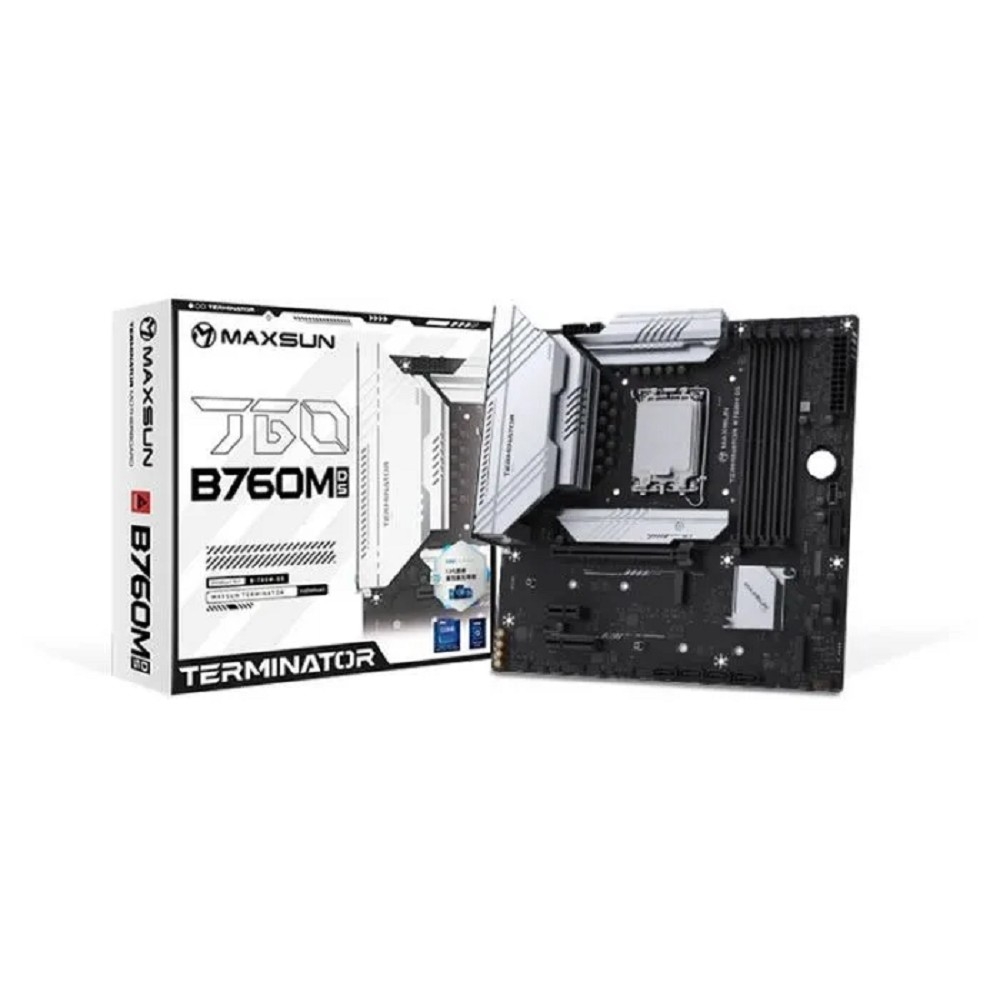 MAXSUN MS-Terminator B760M D5 WiFi V1/V2 (Socket 1700, mATX, 4*DDR5, DP/HDMI, 4xSATA3, 3*M.2,xPCI-E x16 /1xPCI-E x1, 6*USB 2.0, 2*USB 3.2 Gen1, LAN 1*2.5G, Bluetooth, Wi-Fi 802.11ax, RTL)