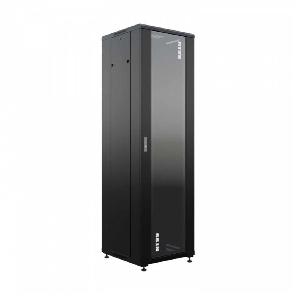 NTSS Шкаф напольный универсальный серверный NTSS R 18U 600х600мм, 4 профиля 19, двери стекло и сплошная металл, боковые стенки съемные, регулируемые опоры, разобранный, черный RAL 9005 NTSS-R18U6060GS