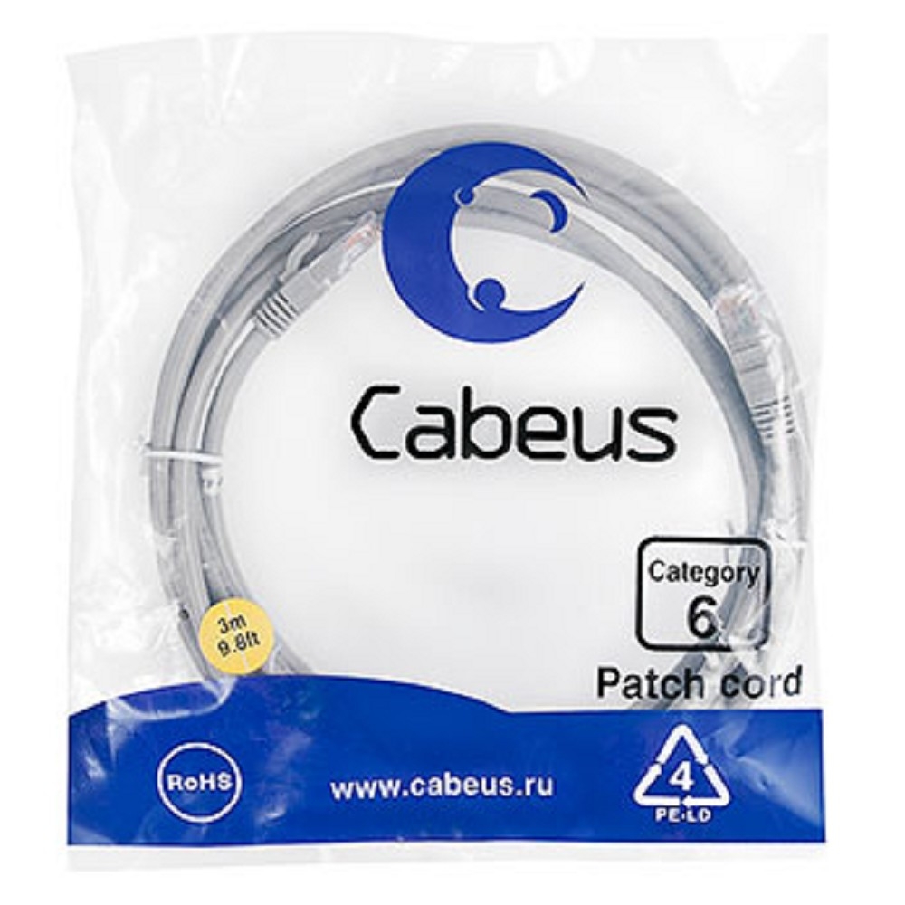Патч-корд Cabeus, UTP, кат. 6, 2 x RJ-45, RJ-45 - RJ-45, 250 МГц, ПВХ, серый, 3 м, PC-UTP-RJ45-Cat.6-3m