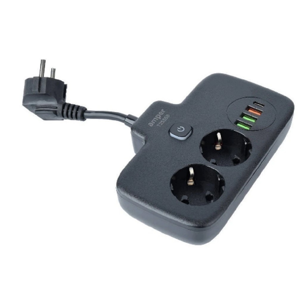 Сетевой фильтр Amper T2535B 2 розетки, 3*USB+1*Type-C, длина кабеля 0.2 м, кабель 3x0.75мм?, 10А/2500Вт, черный
