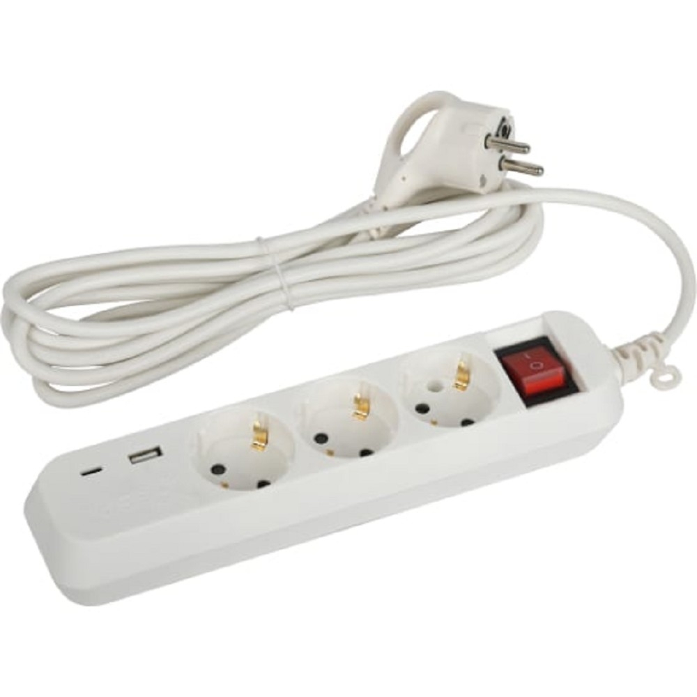 ЭРА Б0052898 Удлинитель электрический UB-3es-3m-USB c заземлением с выключателем 3 розетки + 1xUSBA+1xUSBC 3м 10А 