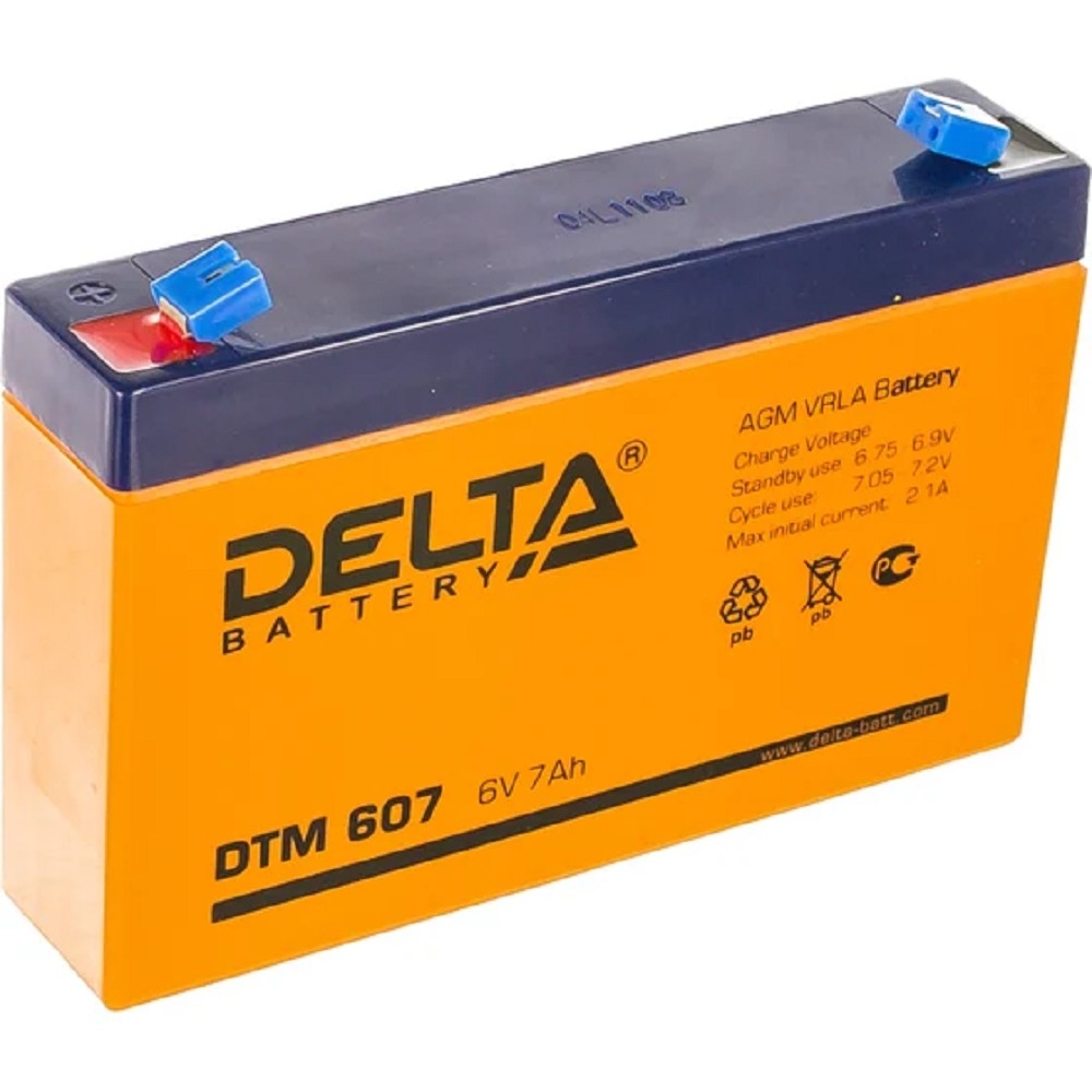 Батарея DELTA серия DTM, DTM 607, напряжение 6В, емкость 7Ач (разряд 20 часов),  макс. ток разряда (5 сек.) 105А, макс. ток заряда 2.04А, свинцово-кислотная типа AGM, клеммы F1, ДxШxВ 151х34х94мм., вес 1.2кг., срок службы 6 лет./ Battery DELTA series DTM, DTM 607, voltage 6V, capacity 7Ah (discharge 20 hours), max. discharge current (5 sec.) 105A, max. charge current 2.04A, lead-acid type AGM, terminals F1, LxWxH 151x34x94mm., weight 1.2kg., service life 6 years.