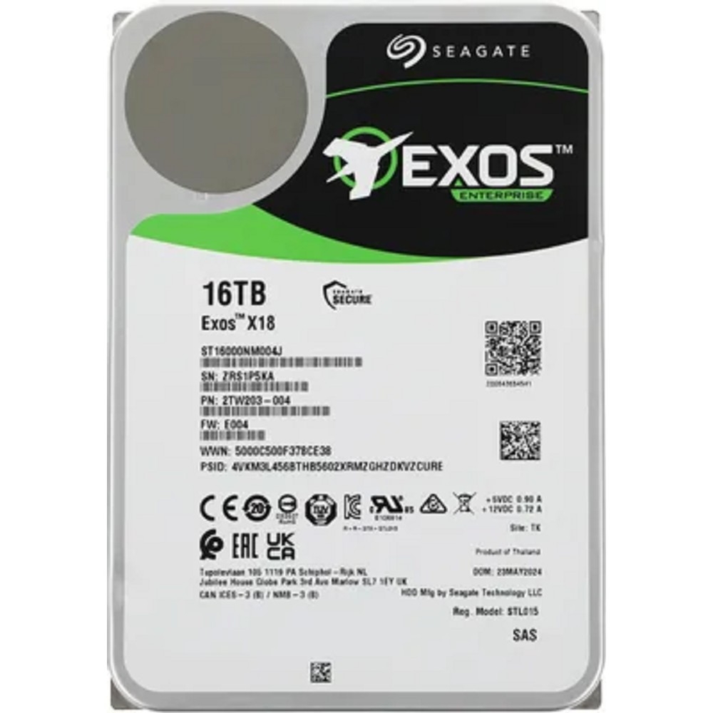 Жесткие диски Seagate Exos X18 HDD 3.5" SAS 16Tb, 7200 rpm, 256Mb buffer, 512e/4kn, CMR, ST16000NM004J, 1 year
